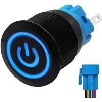 Proride Metalen Pulsschakelaar 12V OFF-(ON) - 19mm - Momentschakelaar met Aansluitkabel - Spatwaterdicht - 12V/24V - LED Indicatie Blauw