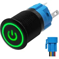 Proride Metalen Pulsschakelaar 12V OFF-(ON) - 16mm - Momentschakelaar met Aansluitkabel - Spatwaterdicht - 12V/24V - LED Indicatie Groen