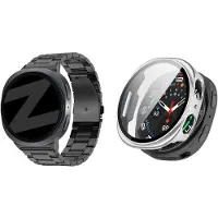 Bandz Bundel – RVS Schakelband ‘Classic’ – Zwart – (inclusief Inkortset) + Hard Case met Screenprotector Glas – Zilver – geschikt voor Samsung Galaxy Watch 8 (44mm)