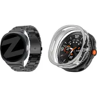 Bandz Bundel – RVS Schakelband ‘Classic’ Zwart (inclusief Inkortset) + Strap-it Soft Case Transparant geschikt voor Samsung Galaxy Watch 8 Classic (46mm)