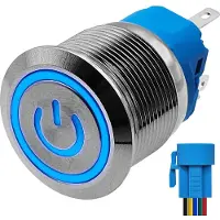 Proride Metalen Drukschakelaar 220V ON-OFF met Aansluitkabel - 22mm - Aan/uit schakelaar - Spatwaterdicht - LED Indicatie Blauw
