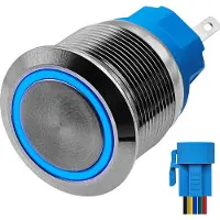 Proride Metalen Drukschakelaar 12V ON-OFF - 22mm - Aan/uit schakelaar met Aansluitkabel - Spatwaterdicht - 12V/24V - LED Indicatie Blauw