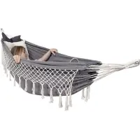 Springos Hangmat | Extra stevig | Met franje | Antraciet| Inclusief kussens | Inclusief opbergtas | 150 x 210 cm