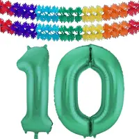 Folat Verjaardag Leeftijd folieballon - 10 jaar - groen - 86 cm - cijferballon groot - incl 2x feestslingers