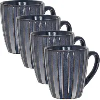 Discountershop Koffiekopjes Set van 4 – Donkerblauwe Geribbelde Mokken 200ml met Oor – Keramische en Aardewerk Koffiemokken – Theemokken en Cappuccino Kopjes – Ribbel Design Verticaal Reliëf