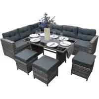 Monster Jardi rotan hoekset voor 9 personen met tafel en krukjes - Grijs