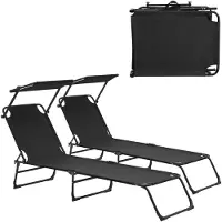 Helloshop26 Set van 2 opvouwbare ligstoelen 190 cm met zonnescherm van zwart staal 03_0004513