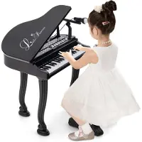 Costway Kindertoetsenbord met 37 toetsen en kruk, elektronisch pianotoetsenbord, draagbaar met microfoon, led-leer-modus, opname- en afspeelfunctie, muziekinstrument voor kinderen vanaf 3 jaar (zwart)