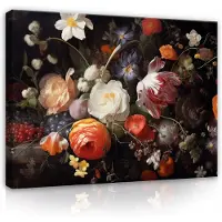 WALLARENA - Canvas schilderij - 60x40 cm - Zwart achtergrond met pioenrozen voor slaapkamer en woonkamer