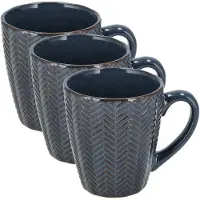 Discountershop Koffiekopjes Set van 3 – Donkerblauwe Mokken 200ml met Oor – Keramische en Aardewerk Koffiemokken – Theemokken en Cappuccino Kopjes – Visgraat Reliëf Design
