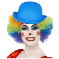 Smiffys Clown verkleed set - gekleurde pruik - met bolhoedje blauw - Carnaval clowns verkleedkleding en accessoires - volwassenen