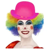 Smiffys Clown verkleed set - gekleurde pruik - met bolhoedje roze - Carnaval clowns verkleedkleding en accessoires - volwassenen