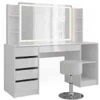 Vicco Kaptafel set met kruk Sherry Wit/Wit Hoogglans 158.2 cm met LED-spiegel en kruk, Model 57655