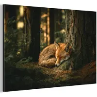 MuchoWow Aluminium schilderij 120x80 cm - Wanddecoratie metaal - Vos - Bos - Slapen - Metalen muurdecoratie woonkamer - Decoratie industrieel - Foto op dibond - Industriële accessoires slaapkamer