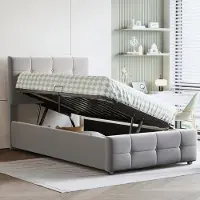 SINGULARITY -Gestoffeerd kinderbed 90x200 cm- hydraulisch opbergbed- in hoogte verstelbaar hoofdeinde- eenpersoons hoogslaper- stof fluweel- grijs- zonder matras