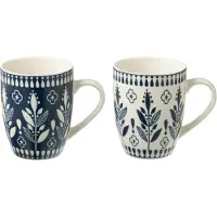 J-Line mok Bladeren - keramiek - blauw/wit - doos van 2