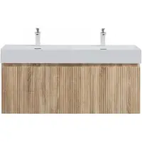 Guido Gusto Badkamermeubel Yuki 120cm licht eiken inclusief dubbele wastafel robuust glans wit met kraangaten