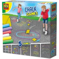 SES Creative SES - Stoepkrijt spellen 5 in 1 - creatief buiten spelen - set van 6 kleuren stoepkrijt met 2 pittenzakjes - instructies voor 5 verschillende spellen