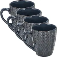 Discountershop Koffiekopjes Set van 4 – Donkerblauwe Mokken 200ml met Oor – Keramische en Aardewerk Koffiemokken – Theemokken en Cappuccino Kopjes – Visgraat Reliëf Design