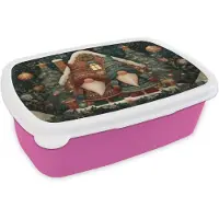 MuchoWow Broodtrommel Roze - Lunchbox Kerst - Gnomen - Peperkoekhuisje - Rood - Groen - Brooddoos 18x12x6 cm - Brood lunch box - Broodtrommels voor kinderen en volwassenen