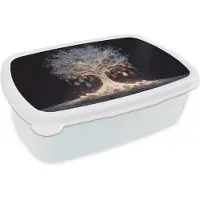 MuchoWow Broodtrommel Wit - Lunchbox Sneeuwboom - Lichtjes - Wit - Kleurrijk - Brooddoos 18x12x6 cm - Brood lunch box - Broodtrommels voor kinderen en volwassenen