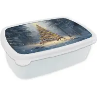 MuchoWow Broodtrommel Wit - Lunchbox Kerstlicht - Woud - Hert - Donker - Brooddoos 18x12x6 cm - Brood lunch box - Broodtrommels voor kinderen en volwassenen