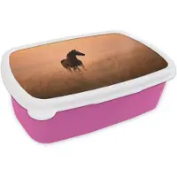 MuchoWow Broodtrommel Roze - Lunchbox Paard - Grasveld - Zonsondergang - Brooddoos 18x12x6 cm - Brood lunch box - Broodtrommels voor kinderen en volwassenen