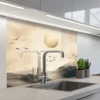 KitchenYeah Keuken achterwand 100x80 cm - Spatscherm zelfklevend Landschap - Japandi - vogel - Muurbeschermer - Spatwand fornuis