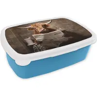 MuchoWow Broodtrommel Blauw - Lunchbox Schotse hooglander - Krant - Toilet - Brooddoos 18x12x6 cm - Brood lunch box - Broodtrommels voor kinderen en volwassenen