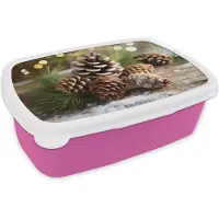 MuchoWow Broodtrommel Roze - Lunchbox Dennenappels - Kerstsfeer - Bruin - Groen - Brooddoos 18x12x6 cm - Brood lunch box - Broodtrommels voor kinderen en volwassenen