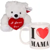 Out of the blue Moederdagcadeau - knuffelbeer en koffiemok - cadeau - i love mama - moederdag