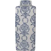 Clayre & Eef Vaas met Deksel 16x16x41 cm Wit Blauw Keramiek