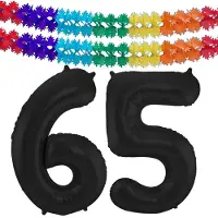 Folat folie ballonnen - Leeftijd cijfer 65 - zwart - 86 cm - en 2x feestslingers gekleurd 600 cm - versiering - feestartikelen