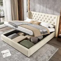 SINGULARITY -Gestoffeerd tweepersoonsbed 140 x 200- met lattenbodem en opbergruimte- bedstee bekleed met vuilafstotende fluwelen stof- beige- zonder matras
