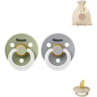 BIBS fopspenen anatomisch met naam - maat 2 - glow in the dark sage en cloud + BolleToet speenzakje