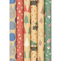 Benza Assortiment kraft kerstpapier cadeaupapier inpakpapier voor kerstmis HO25 - 3 meter x 70 cm - 5 rollen
