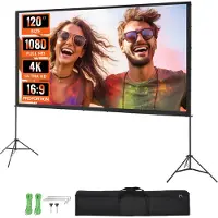 Vevor Projectiescherm met standaard 120 inch HD 4K Buiten- en Binnenprojectiescherm Snel opvouwbaar draagbaar filmscherm 16:9 voor thuisbioscoop