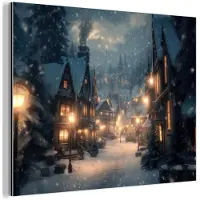 MuchoWow Aluminium schilderij 120x90 cm - Wanddecoratie metaal - Winterdorp - Sneeuw - Donker - Metalen muurdecoratie woonkamer - Decoratie industrieel - Foto op dibond - Industriële accessoires slaapkamer