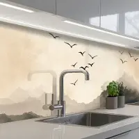 KitchenYeah Keuken achterwand 250x60 cm - Spatscherm zelfklevend Landschap - Japandi - vogel - Muurbeschermer - Spatwand fornuis