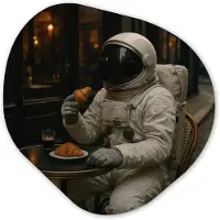 MuchoWow Organische wanddecoratie 90x90 cm - Organisch schilderij Café - Croissant - Koffie - Astronaut - Muurdecoratie woonkamer - Kamer decoratie - Schilderijen - Muurcirkel aesthetic