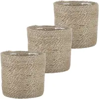 Mica Decorations Plantenpot - 3x stuks - rotan - bruin - plantenmand - H16 en D16 cm - naturel mand van gedraaid jute/riet - plastic binnenkant