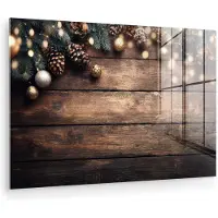 MuchoWow Glasschilderij 30x20 cm - Schilderij acrylglas - Kerstdecoratie - Houten - Dennenappel - Bruin - Foto op glas - Muurdecoratie woonkamer - Wanddecoratie slaapkamer - Schilderijen