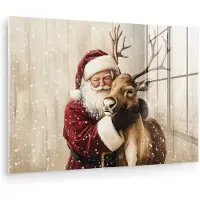 MuchoWow Glasschilderij 90x60 cm - Schilderij acrylglas - Kerstman - Rendier - Sneeuw - Kleurrijk - Foto op glas - Muurdecoratie woonkamer - Wanddecoratie slaapkamer - Schilderijen