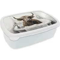 MuchoWow Broodtrommel Wit - Lunchbox Schotse hooglander - Badkuip - Badkamer - Krant - Brooddoos 18x12x6 cm - Brood lunch box - Broodtrommels voor kinderen en volwassenen