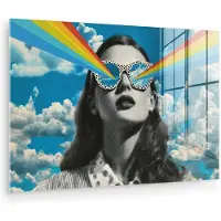 MuchoWow Glasschilderij 180x120 cm - Schilderij acrylglas - Vrouw - Bril - Regenboog - Wolken - Foto op glas - Muurdecoratie woonkamer - Wanddecoratie slaapkamer - Schilderijen