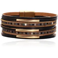 Deja Jewels Deja Armband goudkleurig met zwart leer en mozaïek detail
