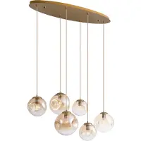QAZQA Art deco hanglamp messing met ovale plafondplaat en amber glas 6-lichts - Douglass
