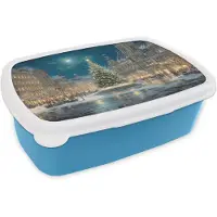 MuchoWow Broodtrommel Blauw - Lunchbox Kerstnacht - Stadsplein - Meerkleurig - Brooddoos 18x12x6 cm - Brood lunch box - Broodtrommels voor kinderen en volwassenen