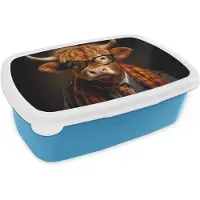 MuchoWow Broodtrommel Blauw - Lunchbox Schotse hooglander - Bril - Sjaal - Dier - Brooddoos 18x12x6 cm - Brood lunch box - Broodtrommels voor kinderen en volwassenen