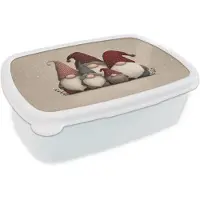 MuchoWow Broodtrommel Wit - Lunchbox Kabouters - Kerst - Sneeuw - Puntmutsen - Brooddoos 18x12x6 cm - Brood lunch box - Broodtrommels voor kinderen en volwassenen